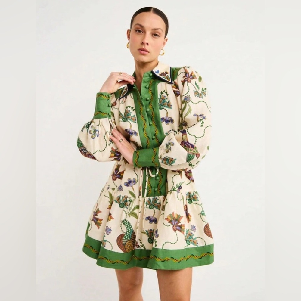 Classic Printed Lapel Long Sleeve Green Dress